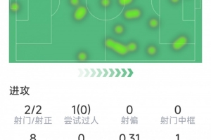 费兰本场数据：1粒进球，2射2正，1次关键传球，1次错失良机